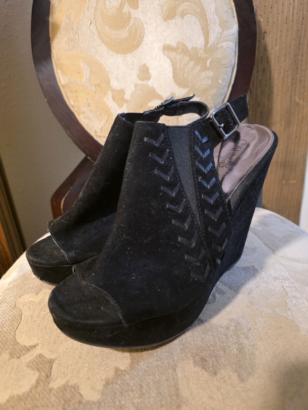 Carlos by Carlos Santana Black Suede Wedge Peep-Toe Slingback